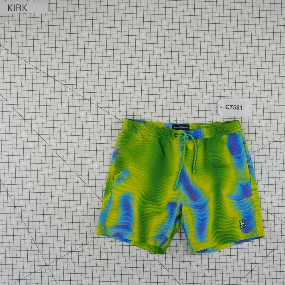 Psycho Bunny Swim Trunks Men's Size Medium Green Blue Psychedelic Retro